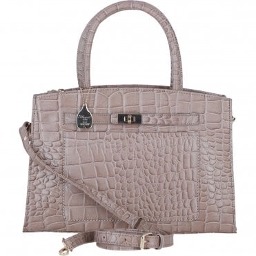 Ashwood Leather Structured Handbag with Detachable Strap and Multiple Compartments in Mushroom/Croc: C-76