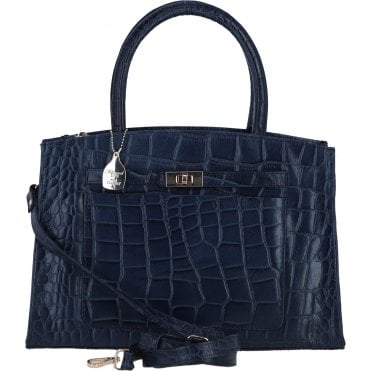 Ashwood Leather Structured Handbag with Detachable Strap and Multiple Compartments in Navy/Croc: C-76