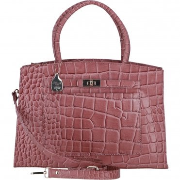 Ashwood Leather Structured Handbag with Detachable Strap and Multiple Compartments in Rosa/Croc: C-76