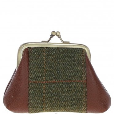 Ashwood Leather & Tweed Classic kiss-lock Purse Tan/Green Check: TW-13-010-TGNH