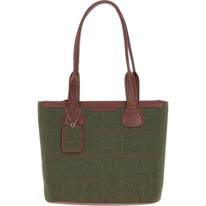 Ashwood Leather & Tweed Genuine Leather Shoulder Bag Tan/Green Check: TW-23-010-TGNH