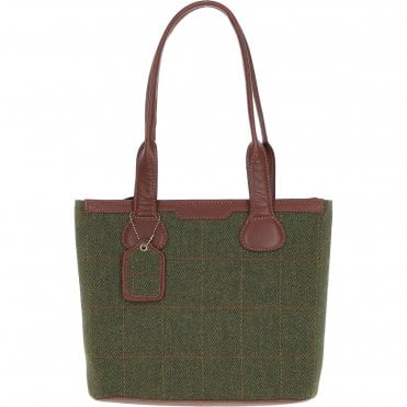 Ashwood Leather & Tweed Genuine Leather Shoulder Bag Tan/Green Check: TW-23-010-TGNH