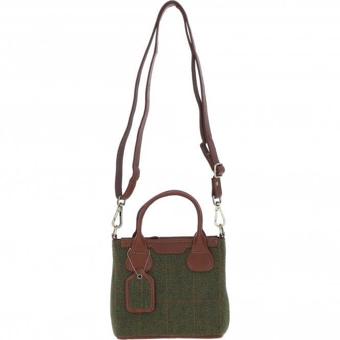 Ashwood Leather & Tweed Handbag with Removable Crossbody Strap Tan/Green Check: TW-21-010-TGNH