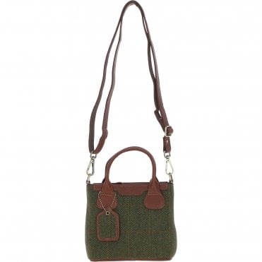 Ashwood Leather & Tweed Handbag with Removable Crossbody Strap Tan/Green Check: TW-21-010-TGNH