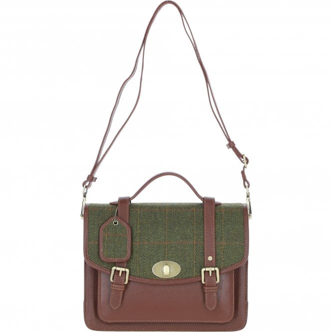 Ashwood Leather & Tweed Large Satchel Bag with Twist Lock Tan/Green Check: TW-35-10-TGNH