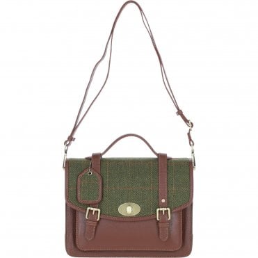 Ashwood Leather & Tweed Large Satchel Bag with Twist Lock Tan/Green Check: TW-35-10-TGNH