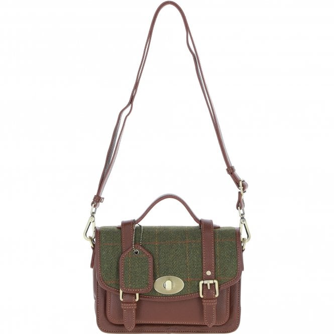 Ashwood Leather & Tweed Medium Satchel Bag with Twist Lock Tan/Green Check: TW-34-010-TGNH