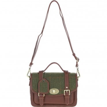 Ashwood Leather & Tweed Medium Satchel Bag with Twist Lock Tan/Green Check: TW-34-010-TGNH