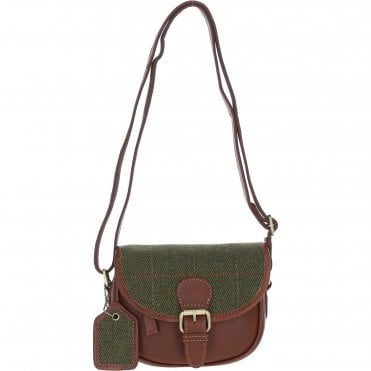 Ashwood Leather & Tweed Saddle Bag Tan/Green Check: TW-26-010-TGNH