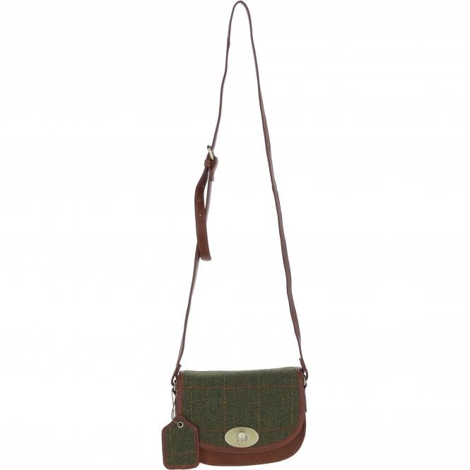 Ashwood Leather & Tweed Saddle Crossbody Bag with Twist Lock Tan/Green Check: TW-30-010-TGNH