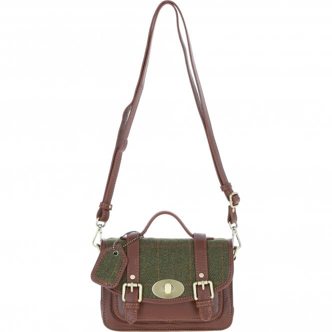 Ashwood Leather & Tweed Small Satchel Bag with Twist Lock Tan/Green Check: TW-33-010-TGNH