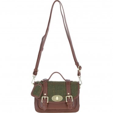Ashwood Leather & Tweed Small Satchel Bag with Twist Lock Tan/Green Check: TW-33-010-TGNH