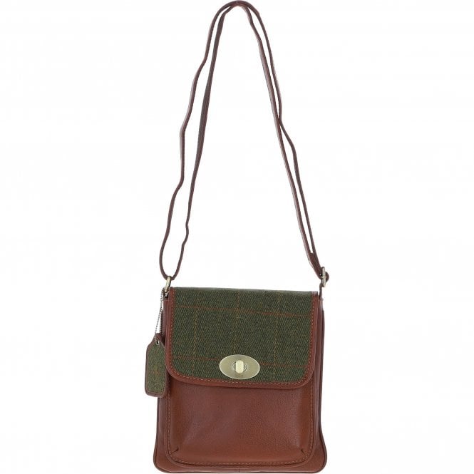 Ashwood Leather & Tweed Twist Lock Crossbody Bag Tan/Green Check: TW-31-010-TGNH