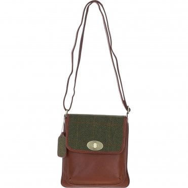 Ashwood Leather & Tweed Twist Lock Crossbody Bag Tan/Green Check: TW-31-010-TGNH