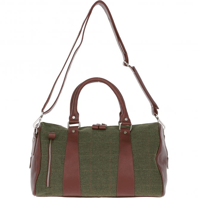 Ashwood Leather & Tweed Weekender Holdall Tan/Green Check: TW-46-10-TGNH