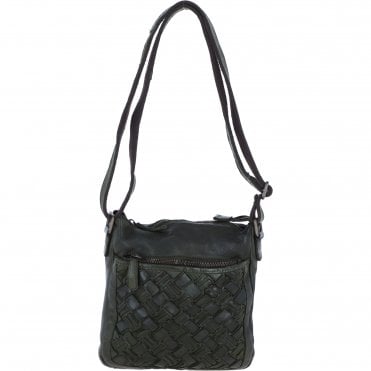 Ashwood Leather Woven Design Crossbody Bag with Multiple Zip Pockets in Green W-26