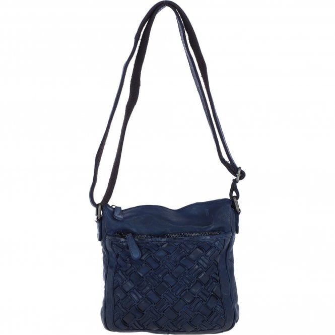 Ashwood Leather Woven Design Crossbody Bag with Multiple Zip Pockets in Navy: W-26