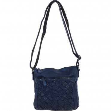 Ashwood Leather Woven Design Crossbody Bag with Multiple Zip Pockets in Navy: W-26