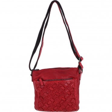 Ashwood Leather Woven Design Crossbody Bag with Multiple Zip Pockets in Red: W-26