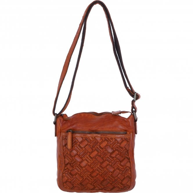 Ashwood Leather Woven Design Crossbody Bag with Multiple Zip Pockets in Tan: W-26