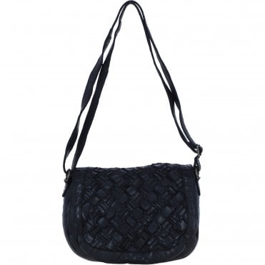 Ashwood Leather Woven Design Flapover Crossbody Bag with Adjustable Strap in Black: W-25