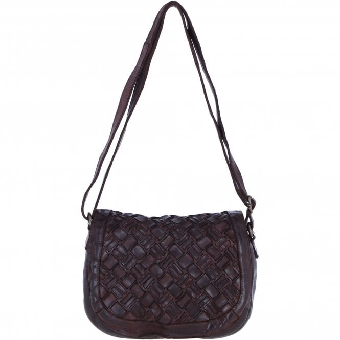 Ashwood Leather Woven Design Flapover Crossbody Bag with Adjustable Strap in Brandy: W-25