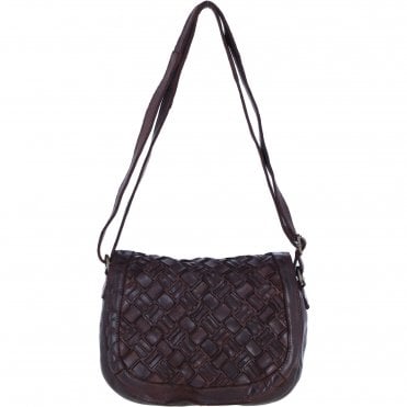 Ashwood Leather Woven Design Flapover Crossbody Bag with Adjustable Strap in Brandy: W-25