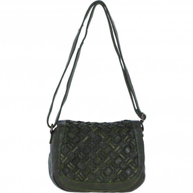 Ashwood Leather Woven Design Flapover Crossbody Bag with Adjustable Strap in Green: W-25