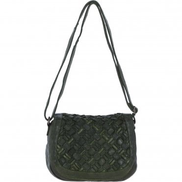 Ashwood Leather Woven Design Flapover Crossbody Bag with Adjustable Strap in Green: W-25