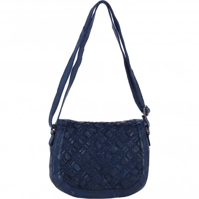 Ashwood Leather Woven Design Flapover Crossbody Bag with Adjustable Strap in Navy: W-25