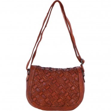 Ashwood Leather Woven Design Flapover Crossbody Bag with Adjustable Strap in Tan: W-25