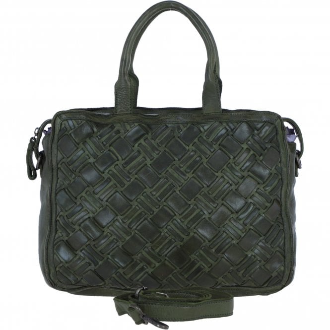 Ashwood Leather Woven Design Laptop Bag with Organiser Compartments in Green: W-27