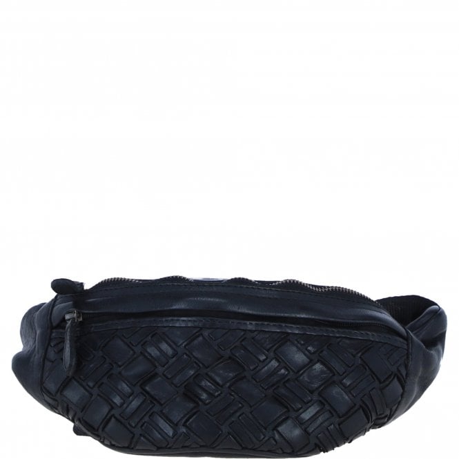 Ashwood Leather Woven Design Waist Bag with Multiple Zip Pockets in Black: W-21