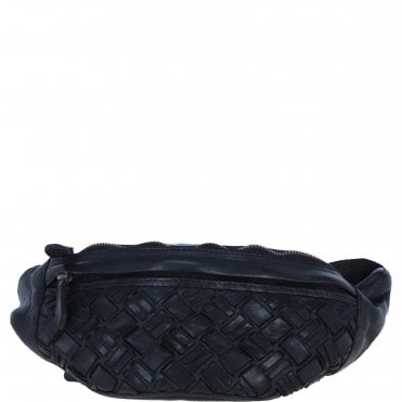 Ashwood Leather Woven Design Waist Bag with Multiple Zip Pockets in Black: W-21