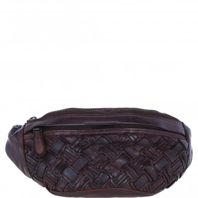Ashwood Leather Woven Design Waist Bag with Multiple Zip Pockets in Brandy: W-21