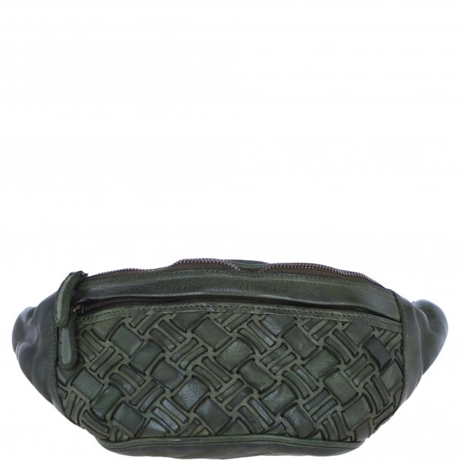 Ashwood Leather Woven Design Waist Bag with Multiple Zip Pockets in Green: W-21