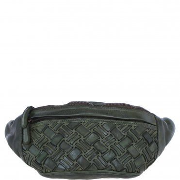 Ashwood Leather Woven Design Waist Bag with Multiple Zip Pockets in Green: W-21