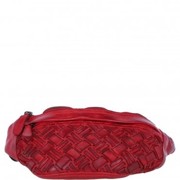 Ashwood Leather Woven Design Waist Bag with Multiple Zip Pockets in Red: W-21