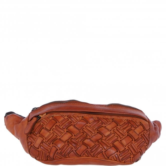 Ashwood Leather Woven Design Waist Bag with Multiple Zip Pockets in Tan: W-21