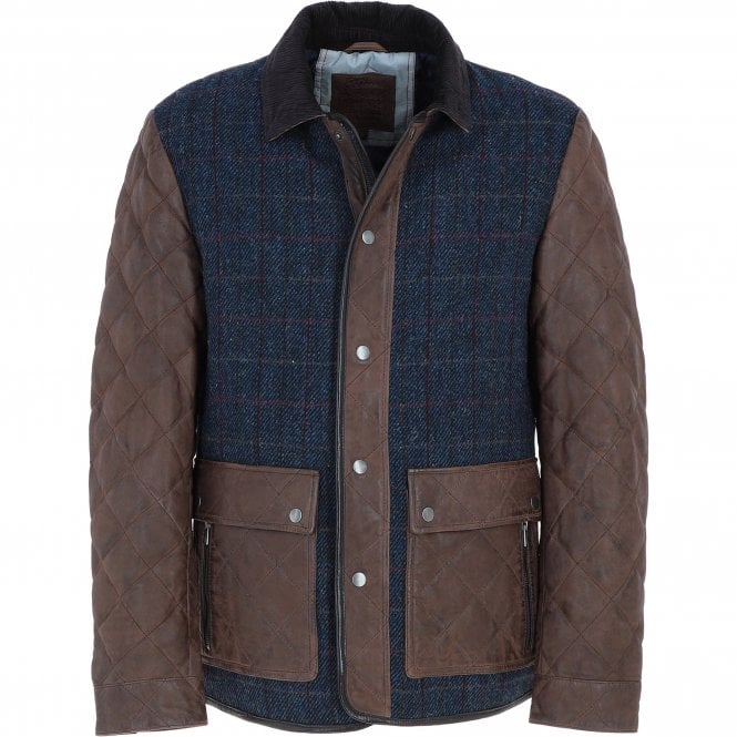 Ashwood Leather x Harris Tweed Men’s Diamond Quilted Stitch Details Casual Jacket Brown/Navy: TW-907-011-BN