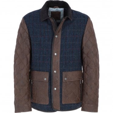 Ashwood Leather x Harris Tweed Men’s Diamond Quilted Stitch Details Casual Jacket Brown/Navy: TW-907-011-BN