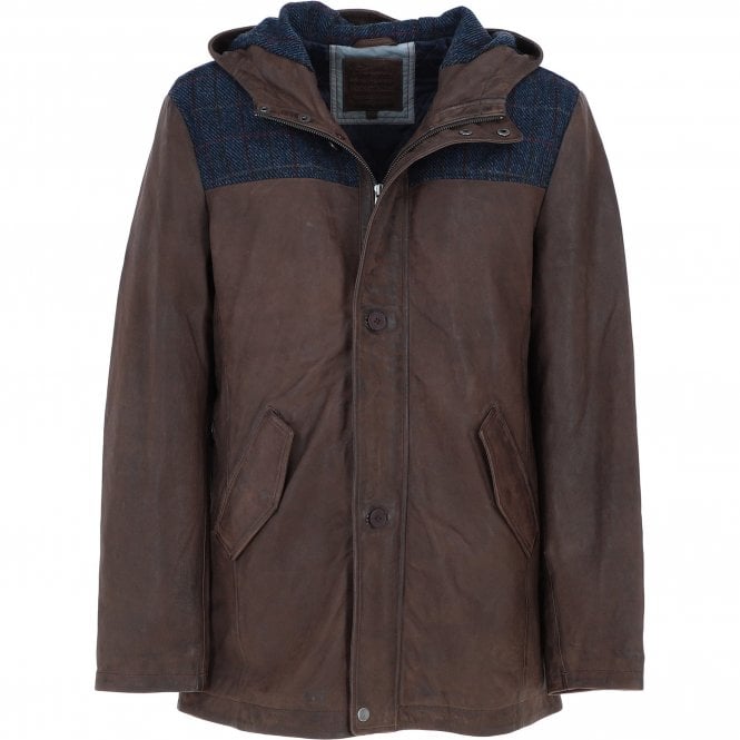 Ashwood Leather x Harris Tweed Men’s Hooded Casual Jacket Brown/Navy: TW-905-011-BN