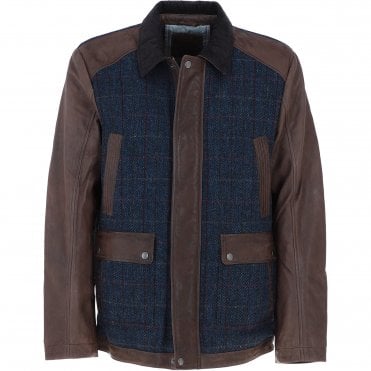 Ashwood Leather x Harris Tweed Men's Buff Lamb Leather Jacket with Corduroy Collar Brown/Navy: TW-903-011-BN