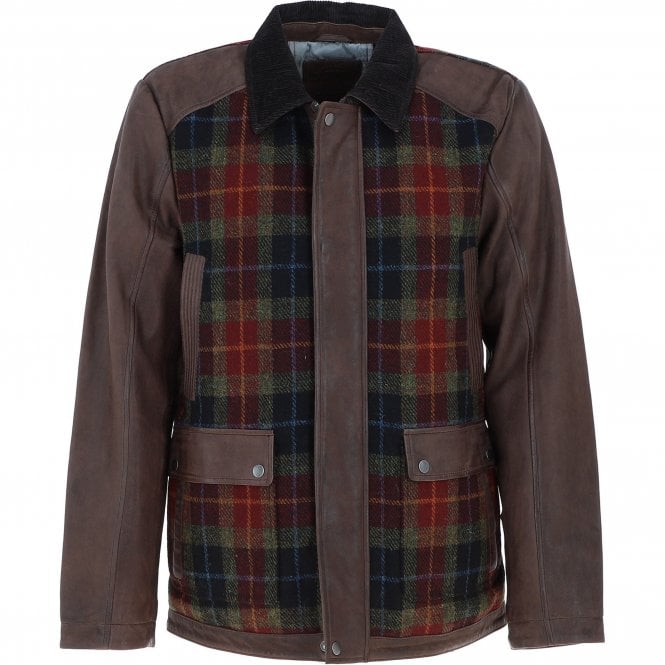 Ashwood Leather x Harris Tweed Men's Buff Lamb Leather Jacket with Corduroy Collar Brown/Red/Green: TW-903-07-BR