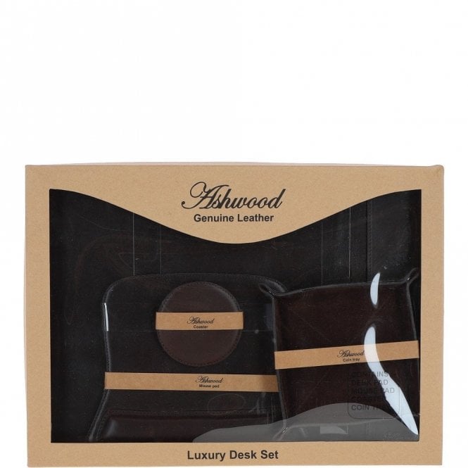 Ashwood Luxury Leather Desk Set Brown: GS-1298