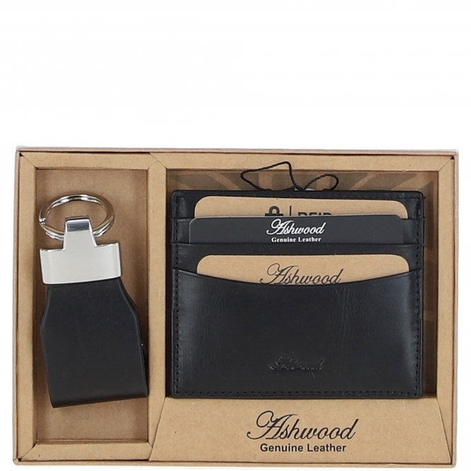 Ashwood Men's Leather Card Holder & Key Ring Gift Set Black: GS-1234