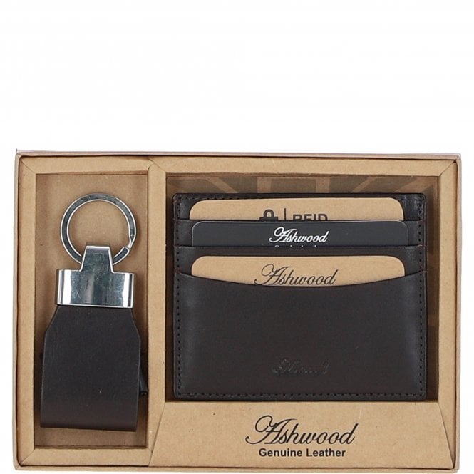 Ashwood Men's Leather Card Holder & Key Ring Gift Set Brown: GS-1234