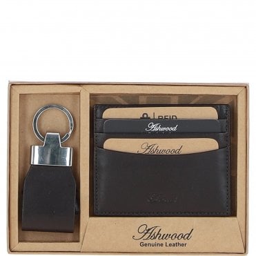 Men's Leather Card Holder & Key Ring Gift Set Brown: GS-1234