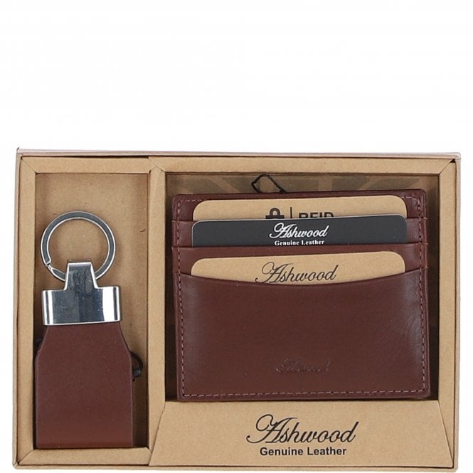 Ashwood Men's Leather Card Holder & Key Ring Gift Set Chestnut: GS-1234