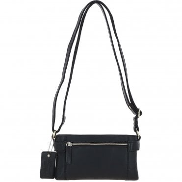 Two Section Zip Top Leather Crossbody Bag Black: K-44